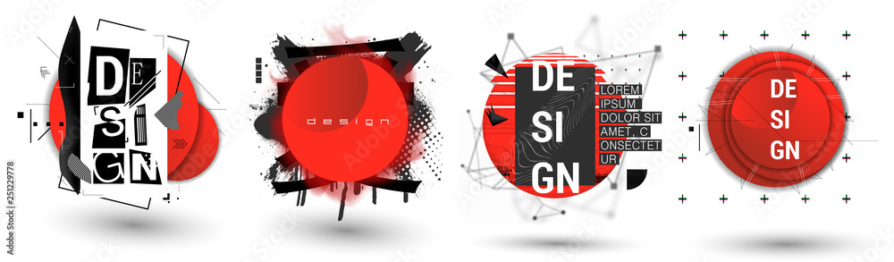 Poster new banner templates in memphis style, white modern background with geometric shapes, red circles, a