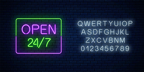 Neon open 24 hours 7 days a week sign in rectangle shape with alphabet. Round the clock working bar