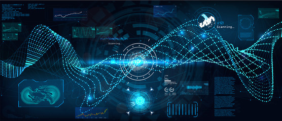 Data flow analysis. Big data algorithms visualization, technologies infographic analytic in HUD style. Futuristic interface. Statistics big data, analytical indicator and biology formuls. Vector Hud - obrazy, fototapety, plakaty