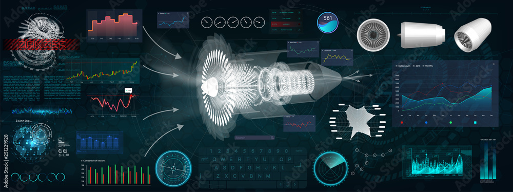 Aufkleber Jet Engine 3D isometric of Airplane in HUD style. Outline Style and Modern Interface Elements ( Dashboards Airplane, Scanning Jet engine and Mechanism) Industrial Blueprint. HUD Future Engineering