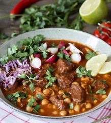 Beef Pozole with  chickpeas. festive Mexican rich soup.