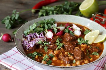 Beef Pozole with  chickpeas. festive Mexican rich soup.