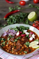 Beef Pozole with  chickpeas. festive Mexican rich soup.