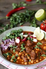 Beef Pozole with  chickpeas. festive Mexican rich soup.