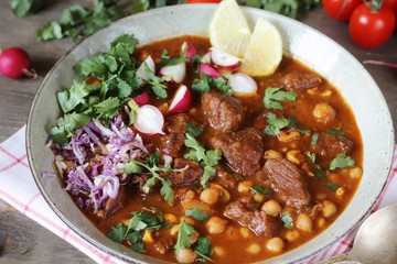 Beef Pozole with  chickpeas. festive Mexican rich soup.