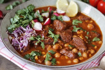 Beef Pozole with  chickpeas. festive Mexican rich soup.