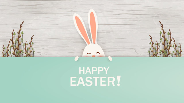 Happy Easter. Easter Rabbit Bunny standing behind a blank sign, showing on big sign. Smiling Cute, funny cartoon rabbit character. Design template for Banner, flyer, invitation, greeting card, poster.