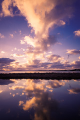 coucher de soleil violet sur des étangs en verticale