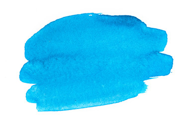 Abstract watercolor spot on white textured paper. Isolated. Hand-drawn background. Aquarelle brush stains on paper. For design, web, card, text, decoration, surfaces. Blue, marine color.