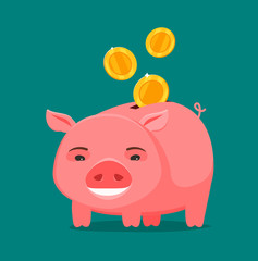 Funny piggy bank and coins. Business, banking concept. Cartoon vector illustration