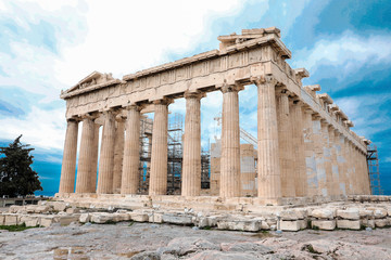 Fototapeta premium Athens, Greece - February 23, 2019: Eastern facade of the Parthenon temple on the Acropolis of Athens, Greece.