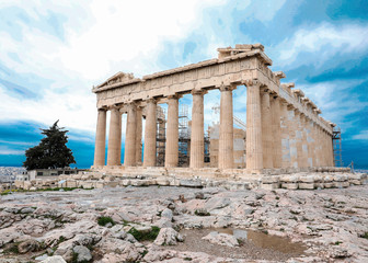 Athens, Greece - February 23, 2019: Eastern facade of the Parthenon temple on the Acropolis of Athens, Greece.