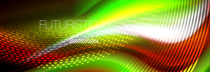 Obraz premium Fluid colors mixing glowing neon wave background, holographic texture