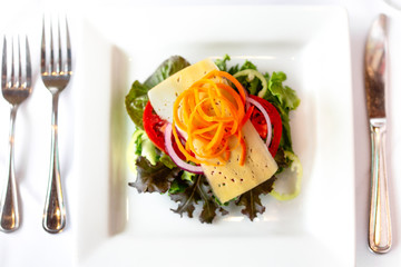 Overhead view of salad with cheese