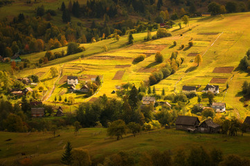 Naklejka premium Autumn pastoral landscape in morning light. Amazing rural landscape in autumn morning with wooden houses, fences and horses. Traditional view in Carpathians, Ukraine.