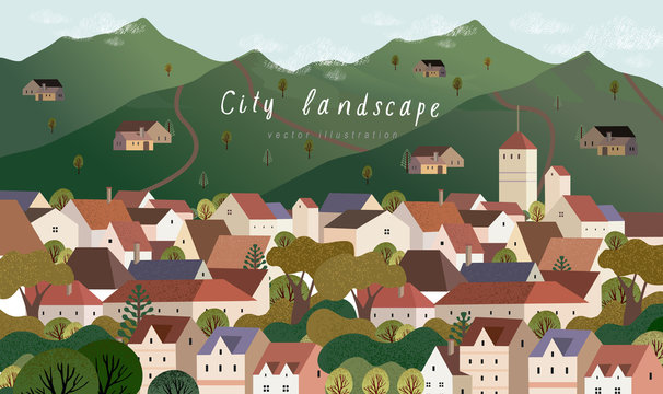 Vector illustration of a village town in Europe, cityscape with houses, mountains and trees, background for poster, covers, cards, banner © Ardea-studio