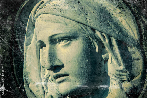 Close Up Fragment Of Antique Statue Of Holy Virgin Mary - 