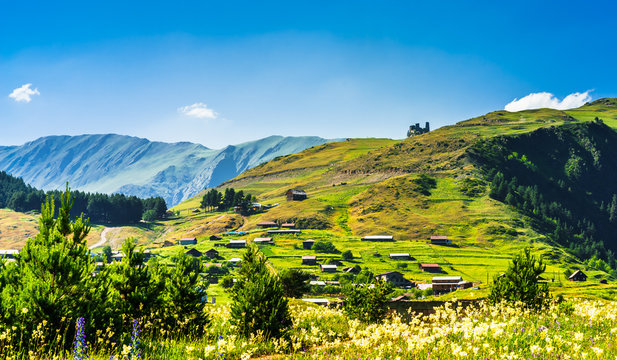 Landscape with ancient ruins of defensive towers in Tusheti village Omalo
