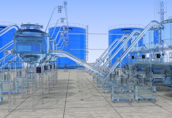oil refinery, glass factory, exterior visualization, 3D illustration