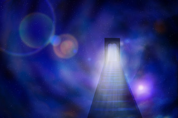 An abstract illustration of a staircase and an open door leading to the sky.