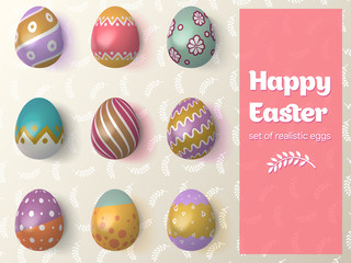 Happy Easter 2019. Set of Easter eggs with different tracery on an Isolated Background. Realistic chicken eggs with lighting and shadow.  Items for advertising, greeting cards. Vector Illustration.