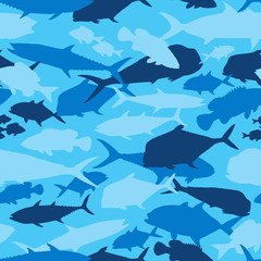 Fototapeta na wymiar Seamless vector pattern of fishing camouflage. Blue camo of saltwater fish