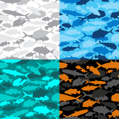 Seamless vector pattern of fishing camouflage. Set camo of saltwater fish - obrazy, fototapety, plakaty