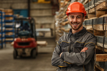 Shot of a bearded handsome metalworker in protective uniform and hardhat smiling joyfully to the camera posing at the warehouse. Engineering, construction supplies, logistics concept