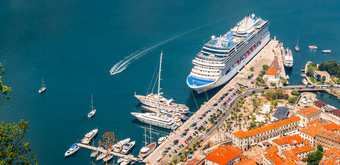 Aerial view of cruise ship in port of Kotor, Montenegro.