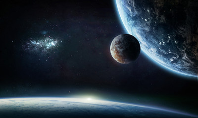 Earth and other planets with atmosphere in deep space. Galaxy on the background. Exploration of the...