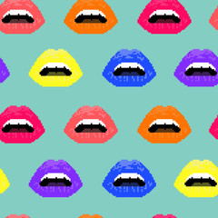 Vector illustration of woman red lips on black background. Seamless pattern. Pixel art. 8 bit