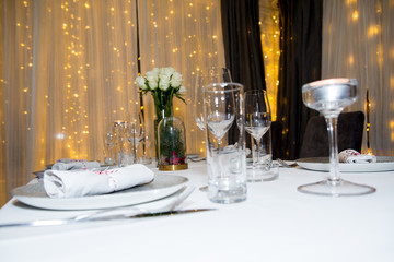 Set the table in the restaurantrestaurant, table, set, dish, setting, silverware, plate, fork, dinner, food, napkin, glass, dining, tableware, cutlery, knife, white, luxury, cafe, elegant, lunch, banq