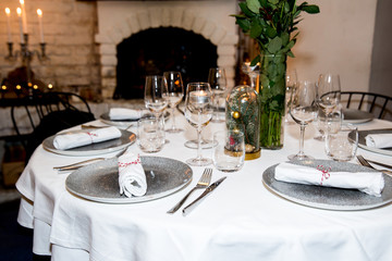 Set the table in the restaurantrestaurant, table, set, dish, setting, silverware, plate, fork, dinner, food, napkin, glass, dining, tableware, cutlery, knife, white, luxury, cafe, elegant, lunch, banq