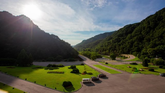 Time lapse. Mountain view from the balcony of the 5-star Hansan Shangrila Hotel in the Mehyang Mountains of North Korea