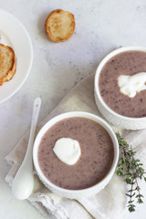 Cream soup with cauliflower and red bean served with sour cream and thyme. Light grey concrete background. Copy space. Comfort food.