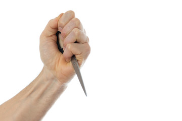 waving his hand with scissors, close-up, on white background