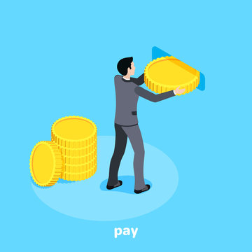 isometric vector image on a blue background, a man in a business suit with a gold coin making a payment or money transfer
