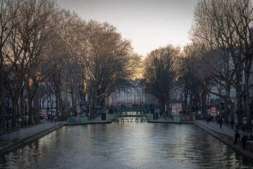 Paris, France - 02 23 2019: View of the Canal Saint-Martin at sunset