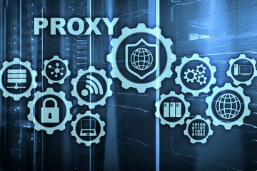 Proxy server. Cyber security. Concept of network security on virtual screen. Server room background.