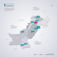 Pakistan vector map with infographic elements, pointer marks. - obrazy, fototapety, plakaty