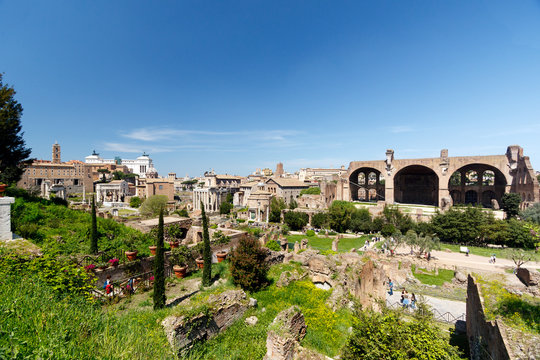 Wide angle view of the Roman Forum, with the The Basilica of Maxentius and Constantine, sometimes known as the Basilica Nova prominent in the picture 