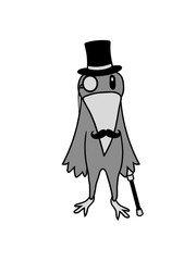 sir herr gentlemen zylinder hut monokel brille reich opa senior rabe krähe vogel küken vögelchen comic cartoon süß niedlich clipart design cool gemalt