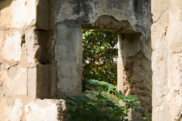 Fototapeta premium A building that was demolished and only remnants remain in the green field.