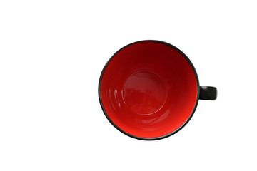 blank shiny red cup, empty red mug isolated on a white, top view