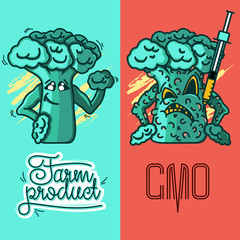 Set of vector illustrations of a farm product vs GMO syringe. healthy organic food vs harmful GMO foods. broccoli character