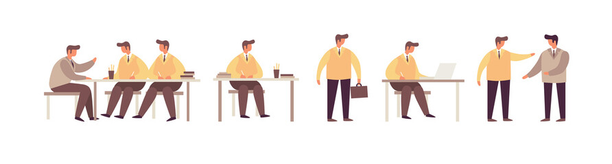 Cartoon businessmen in various situations on white background. Concept of training, business training and advanced training. The chief conducts instruction for employees. Vector flat illustration.
