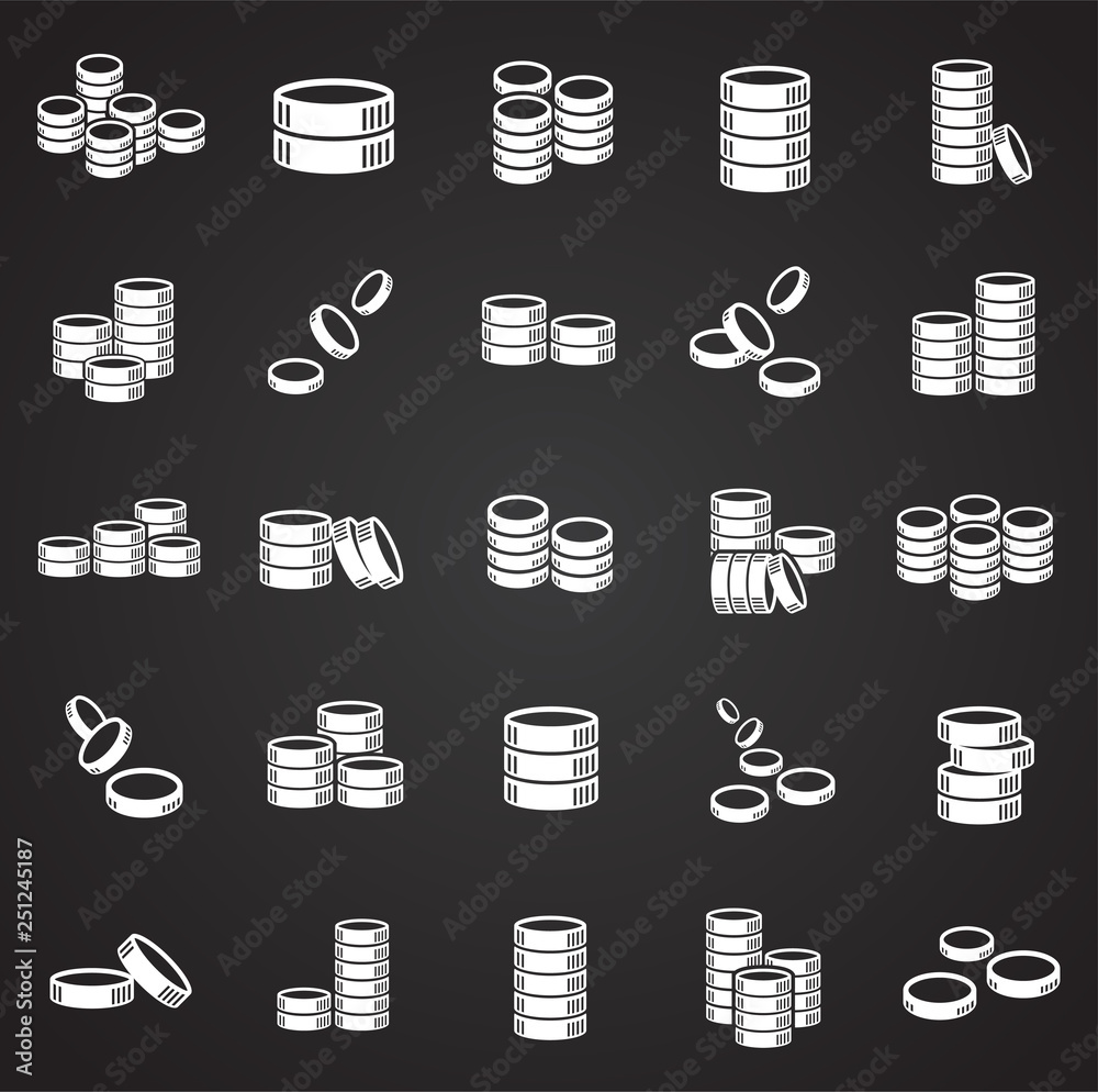 Poster coin icons set on black background for graphic and web design, modern simple vector sign. internet c