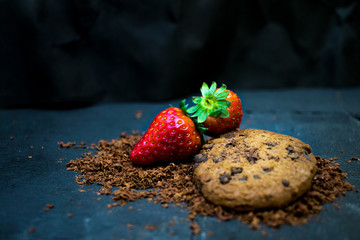 Strawberries with chocolate cookie black board