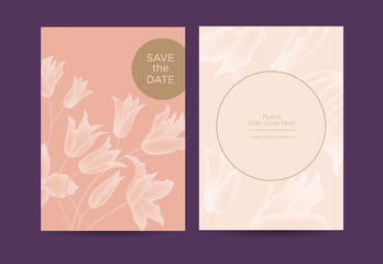 Wedding invitation with delicate flowers on a pink background. Design templates can be used for invitations, restaurants, spas, beauty salons.