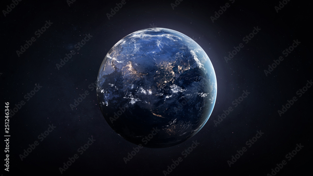 Poster Nightly Earth globe in the outer space. City lights on planet. Civilization. Elements of this image furnished by NASA